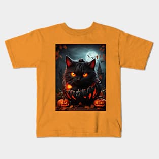 creepy black cat for halloween Kids T-Shirt